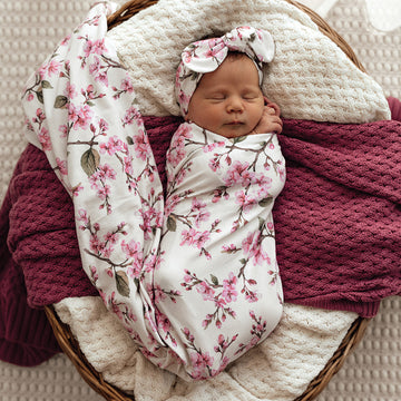 Baby Jersey Wrap and Top Knot Set - Cherry Blossom